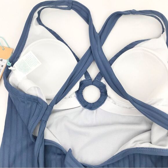 Kona Sol Blue Textured Stripe Ring Front Tie Back One Piece Bathing Suit - Picture 11 of 16